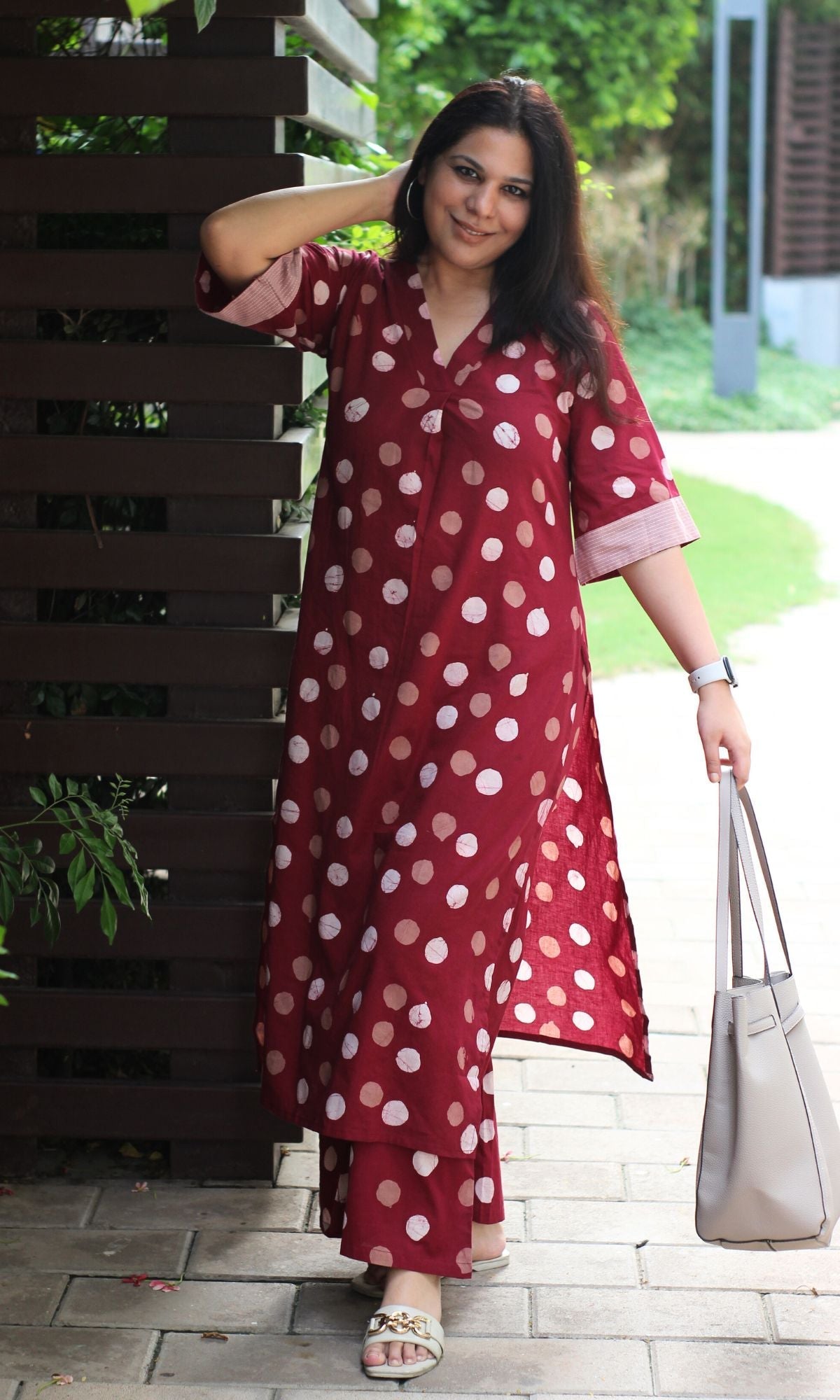 Cotton Handblock Red Polka Print A - line Kurta with Palazzo - Baareeki