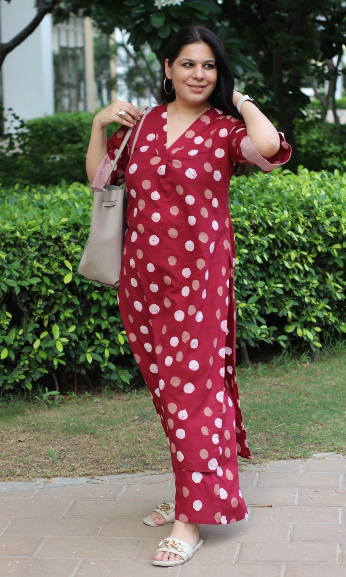 Cotton Handblock Red Polka Print A - line Kurta with Palazzo - Baareeki