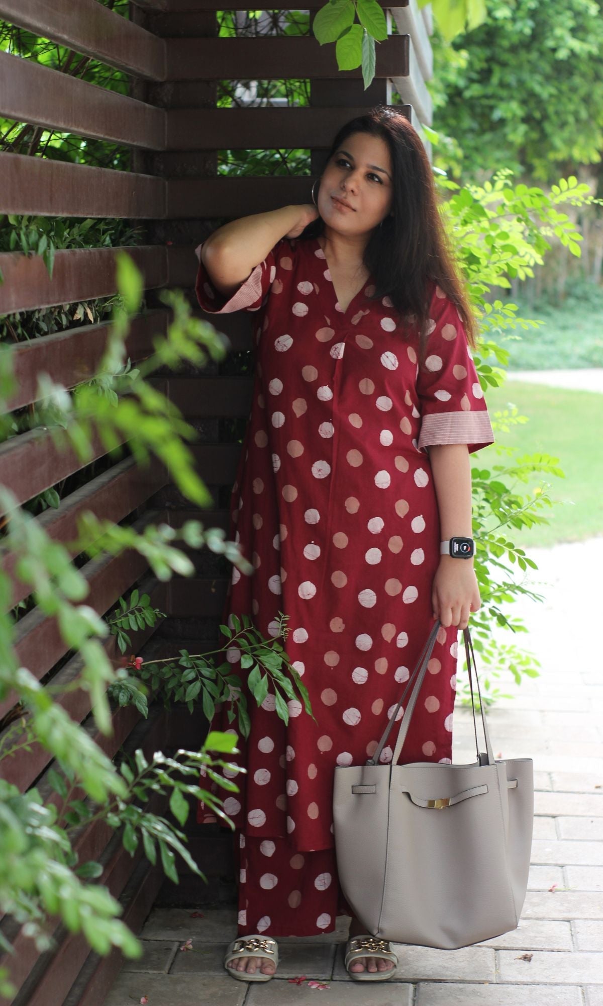 Cotton Handblock Red Polka Print A - line Kurta with Palazzo - Baareeki