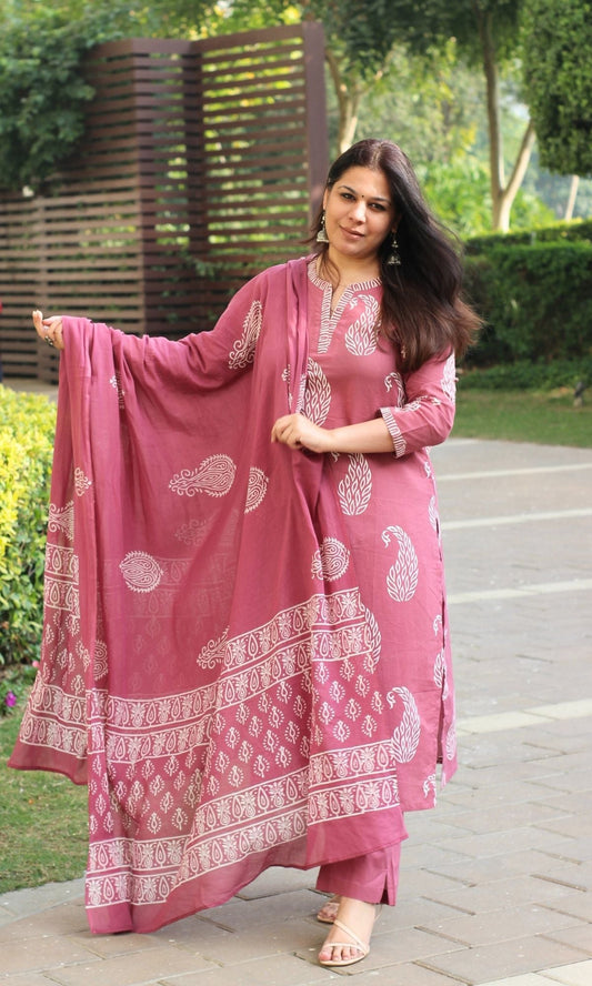 Cotton Handblock Rust Paisley Print Suit With Cotton Printed Dupatta - Baareeki