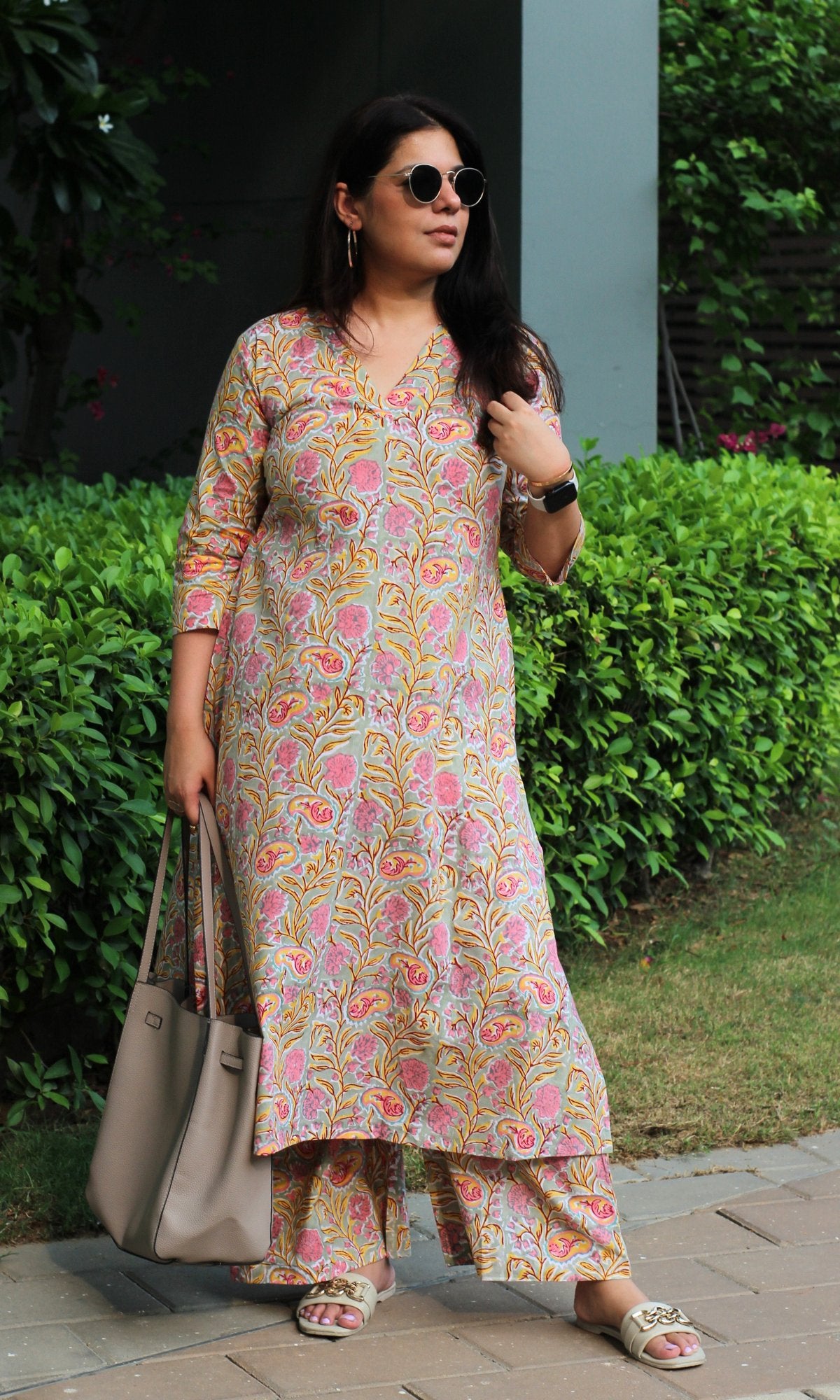 Cotton Handblock Sage Green and Pink A line Kurta with Palazzo - Baareeki