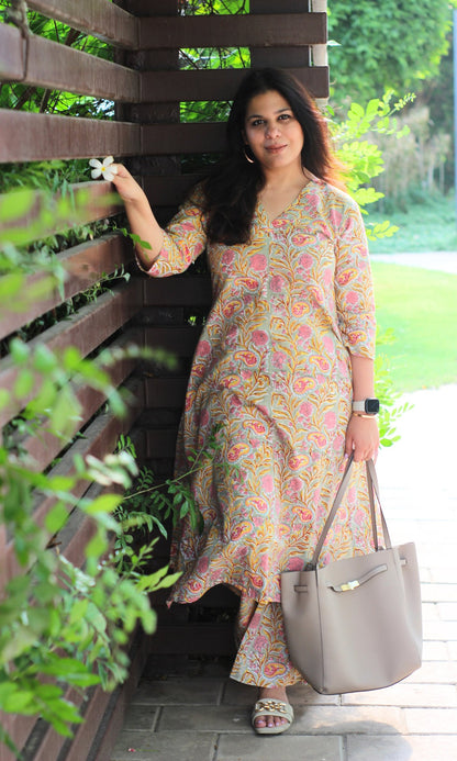 Cotton Handblock Sage Green and Pink A line Kurta with Palazzo - Baareeki