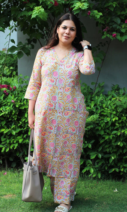 Cotton Handblock Sage Green and Pink A line Kurta with Palazzo - Baareeki