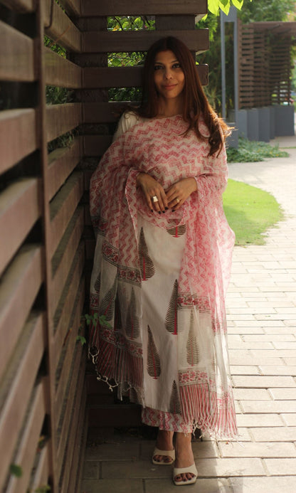 Cotton Handblock White and Pink Suit Set with Printed Kota Dupatta - Baareeki