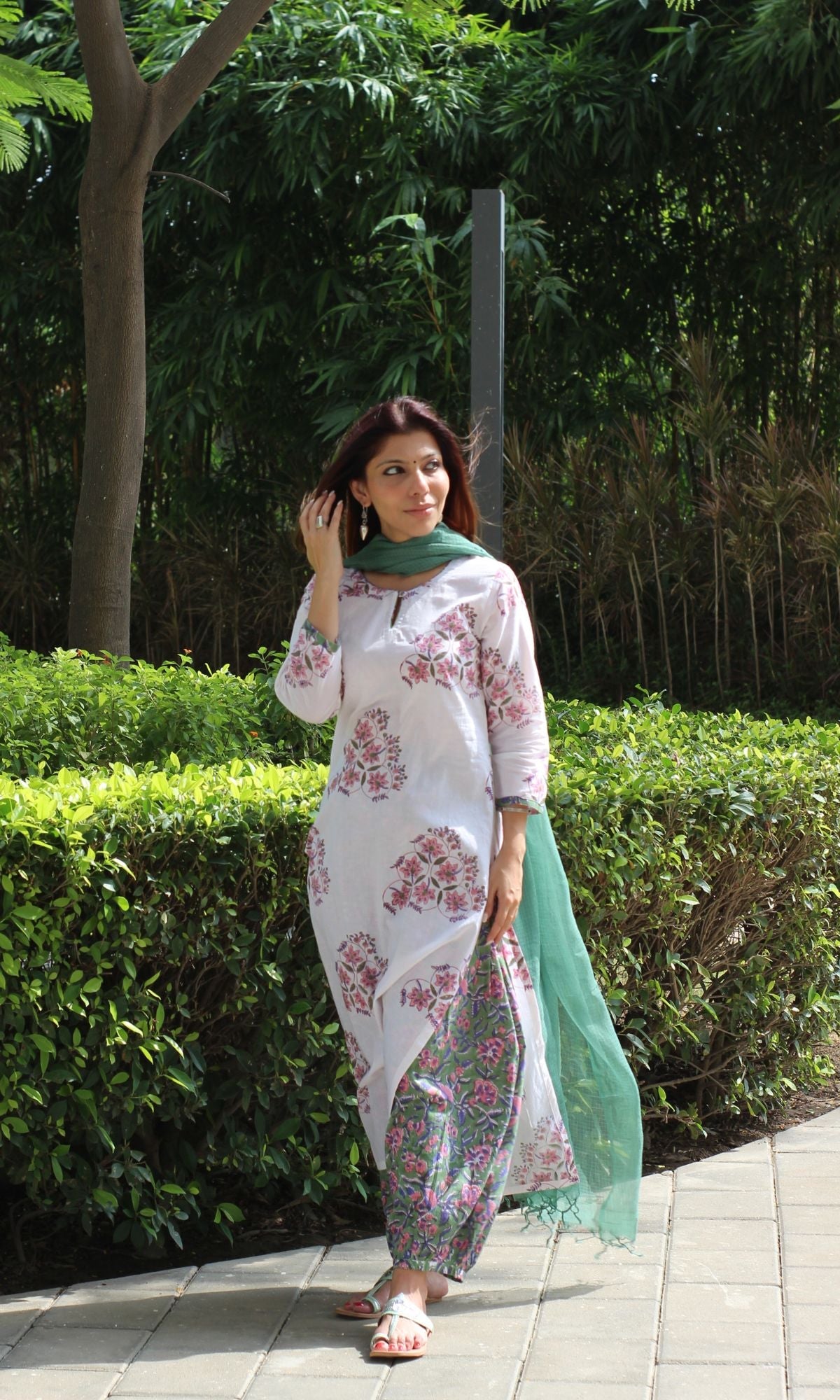 Cotton Handblock White & Green Kurta with Afgani Pants & Kota Doria Dupatta - Baareeki