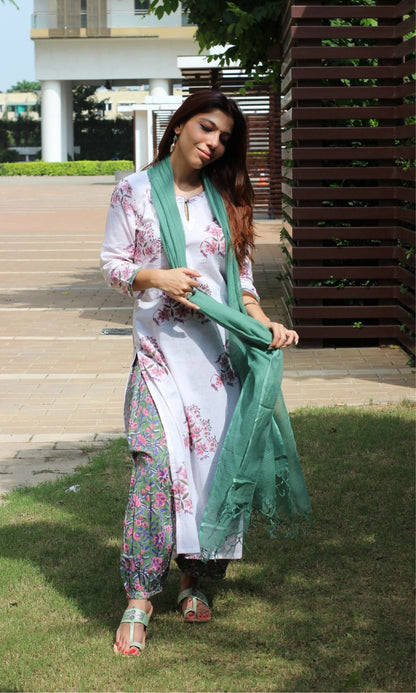 Cotton Handblock White & Green Kurta with Afgani Pants & Kota Doria Dupatta - Baareeki