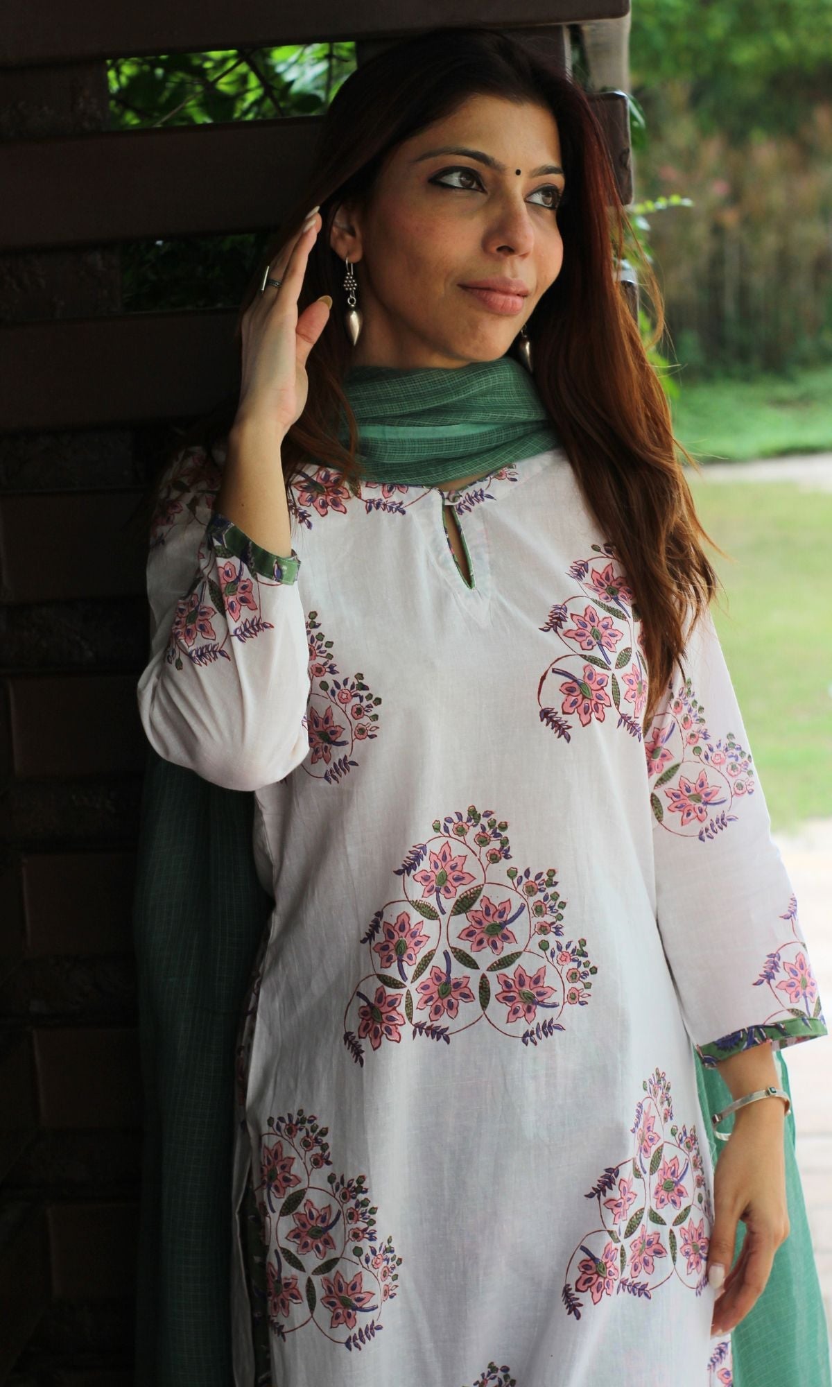 Cotton Handblock White & Green Kurta with Afgani Pants & Kota Doria Dupatta - Baareeki