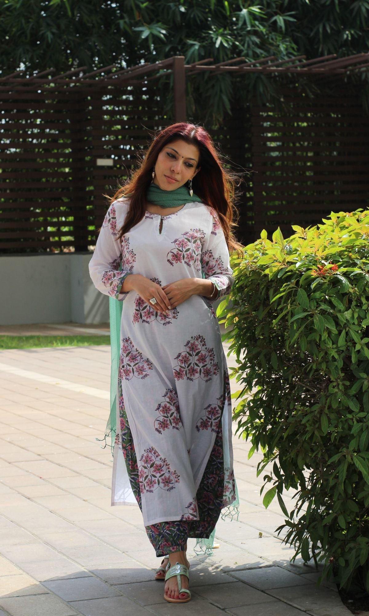 Cotton Handblock White & Green Kurta with Afgani Pants & Kota Doria Dupatta - Baareeki