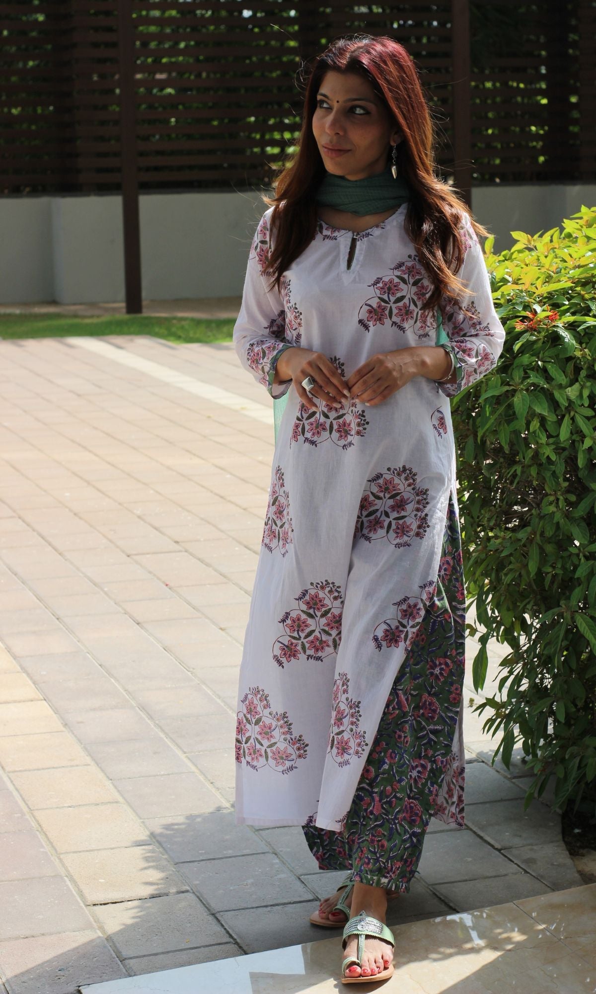 Cotton Handblock White & Green Kurta with Afgani Pants & Kota Doria Dupatta - Baareeki