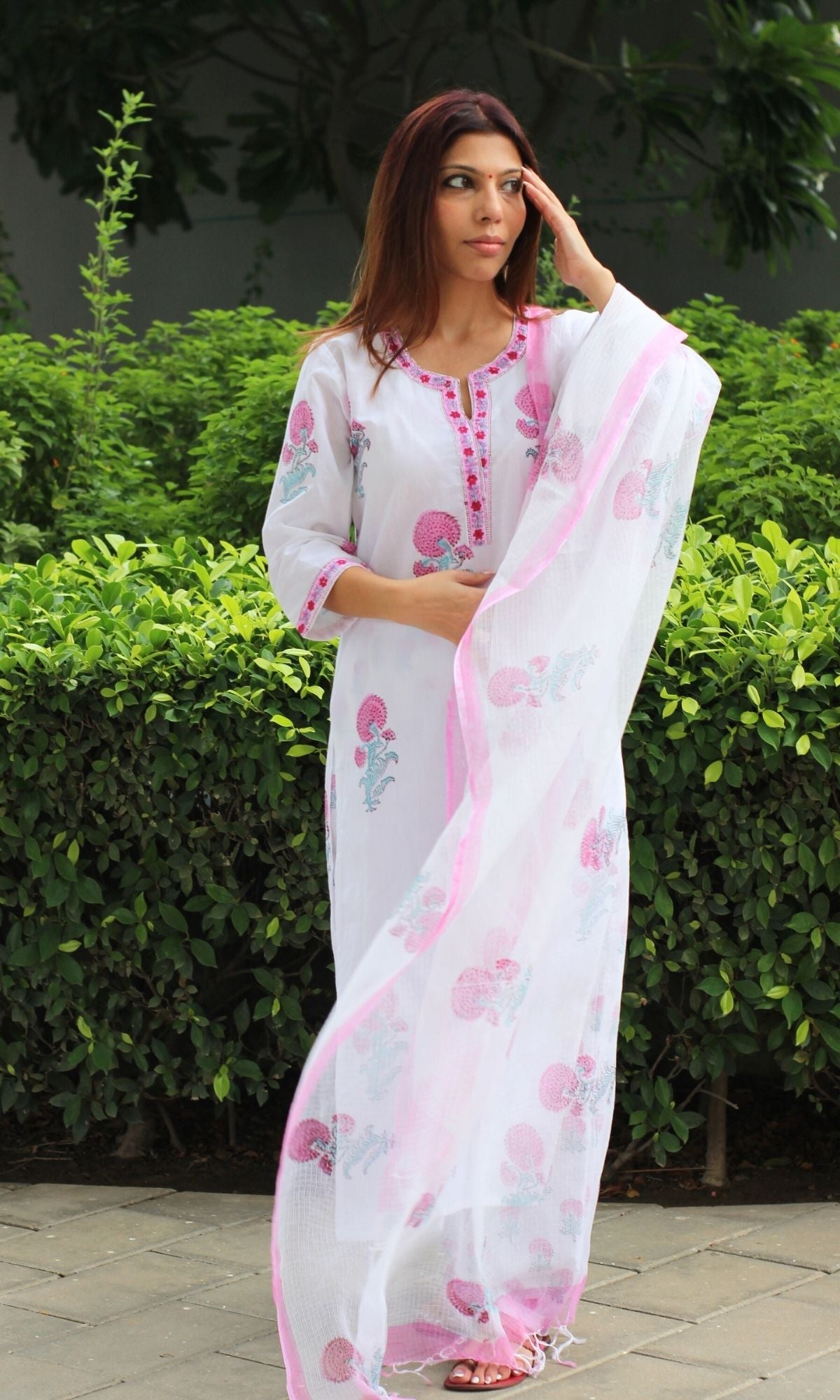 Cotton Handblock White & Pink Mughal Suit Set with Kota Printed Dupatta - Baareeki