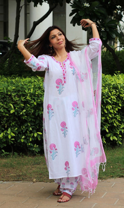 Cotton Handblock White & Pink Mughal Suit Set with Kota Printed Dupatta - Baareeki