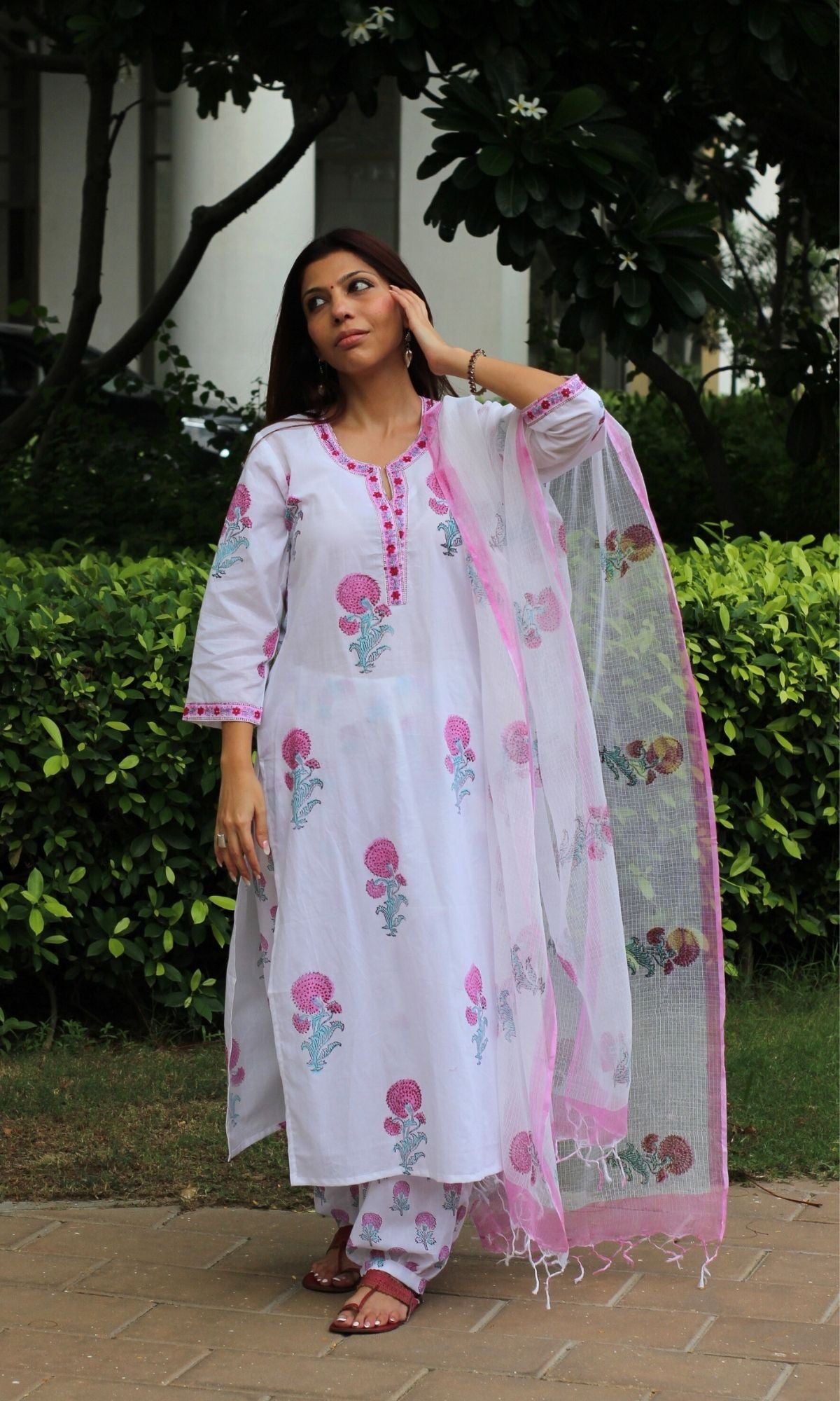 Cotton Handblock White & Pink Mughal Suit Set with Kota Printed Dupatta - Baareeki