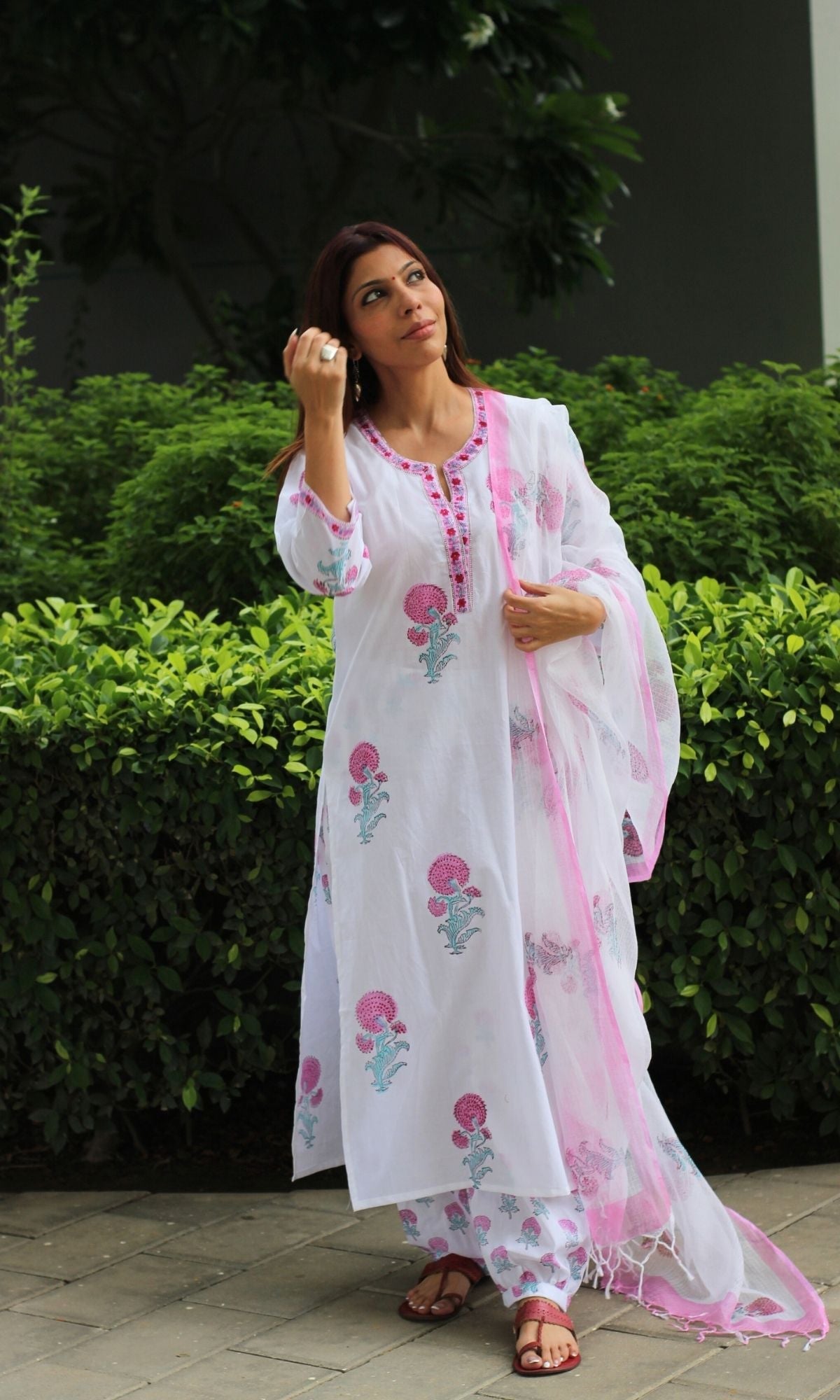 Cotton Handblock White & Pink Mughal Suit Set with Kota Printed Dupatta - Baareeki