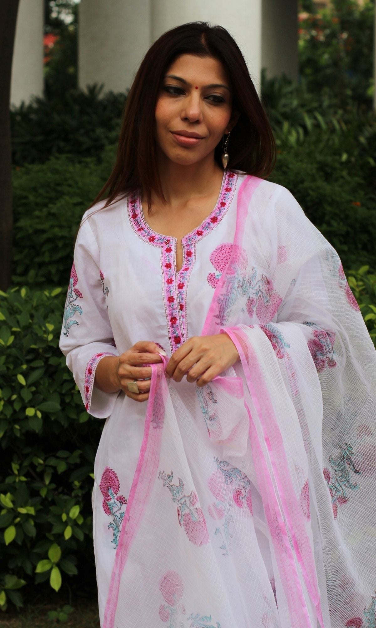 Cotton Handblock White & Pink Mughal Suit Set with Kota Printed Dupatta - Baareeki