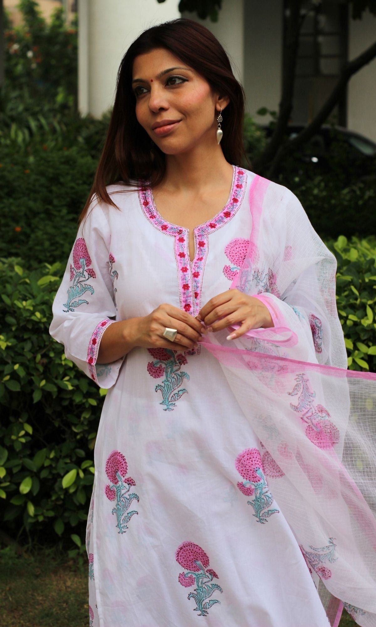 Cotton Handblock White & Pink Mughal Suit Set with Kota Printed Dupatta - Baareeki