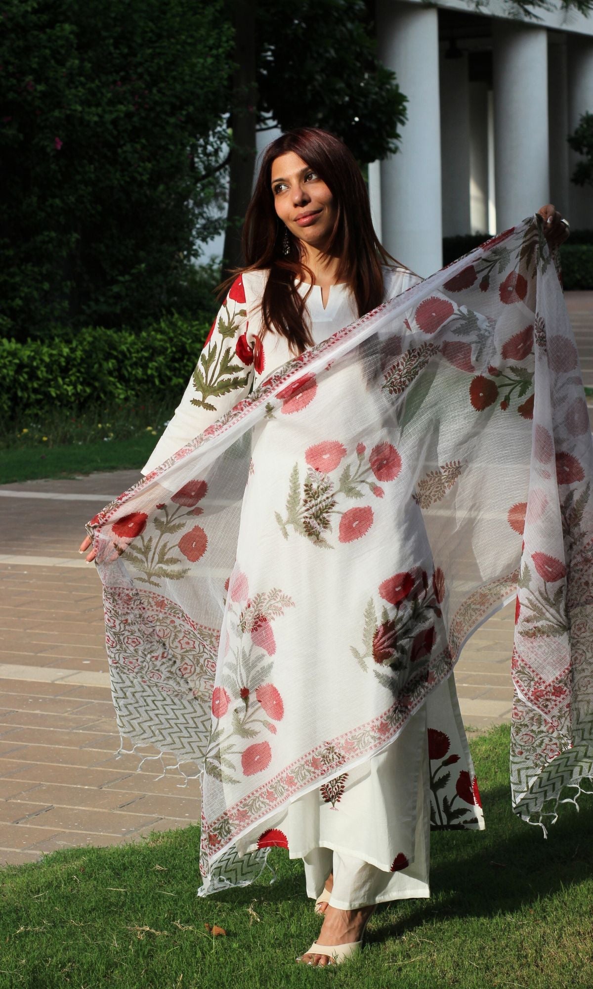 Cotton Handblock White with Red Flowers Suit Set and Kota Doria Dupatta - Baareeki