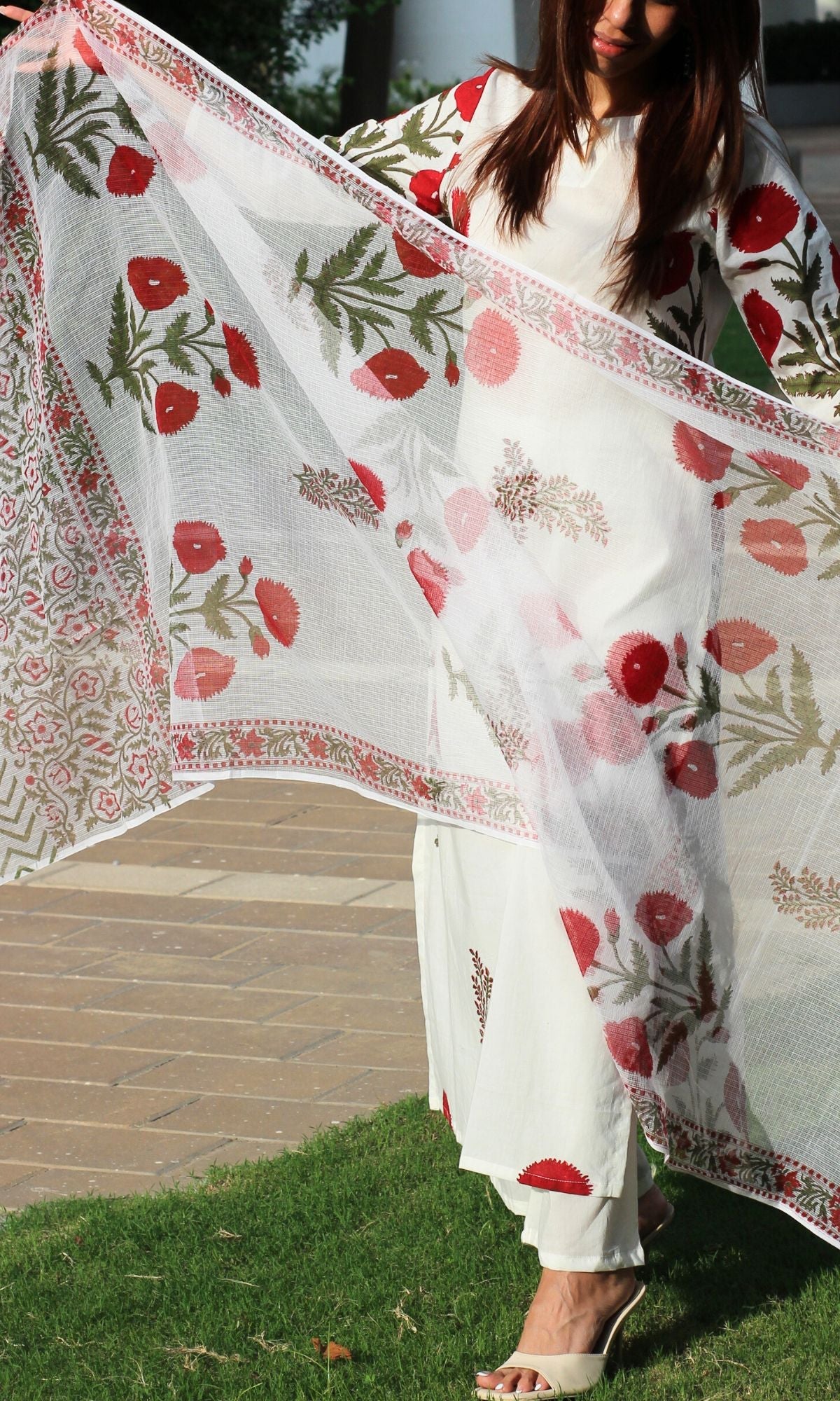 Cotton Handblock White with Red Flowers Suit Set and Kota Doria Dupatta - Baareeki