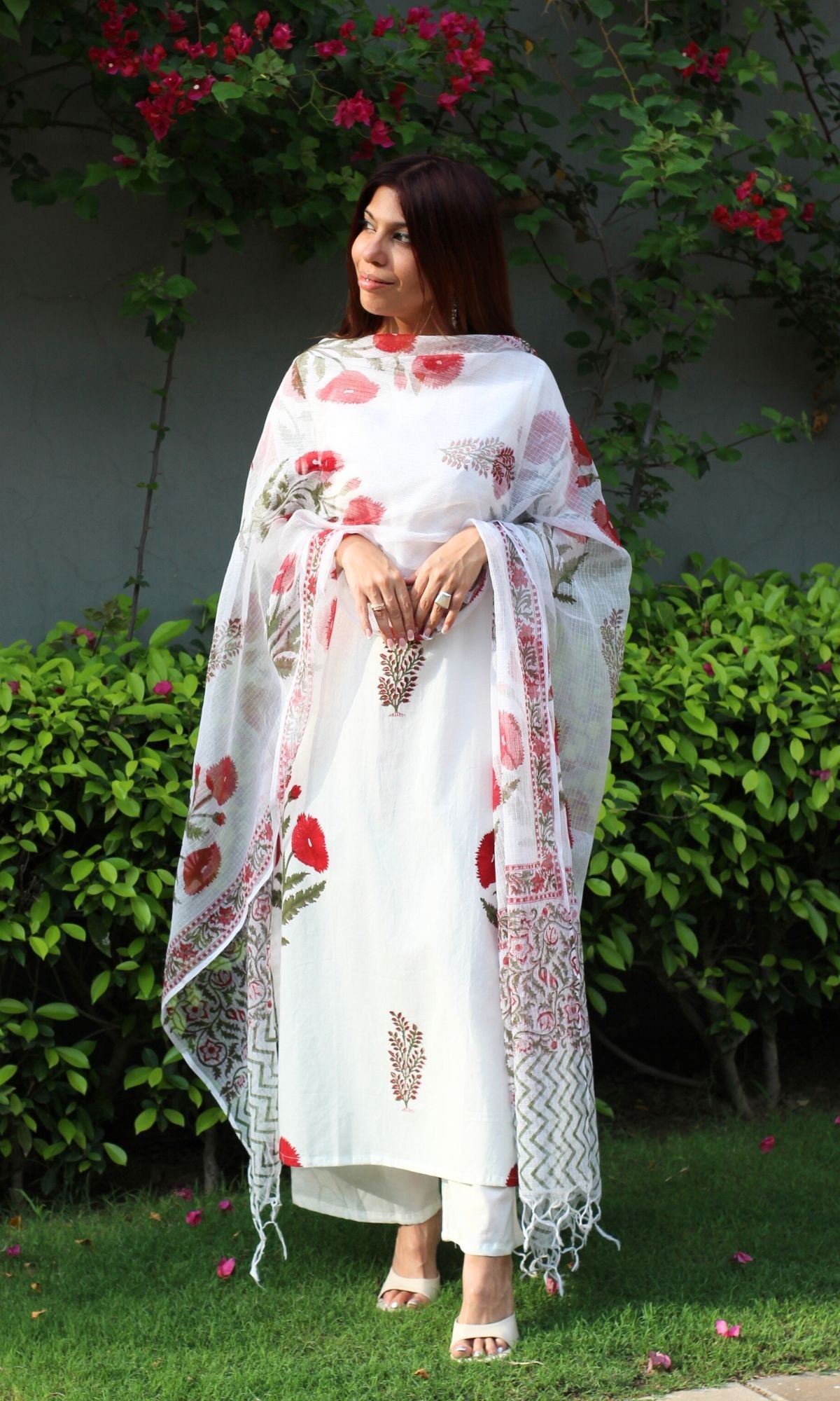 Cotton Handblock White with Red Flowers Suit Set and Kota Doria Dupatta - Baareeki