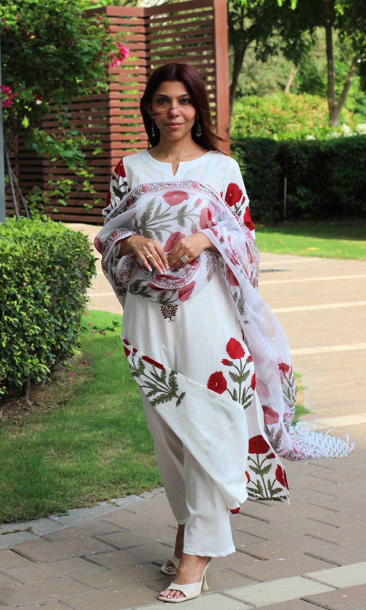 Cotton Handblock White with Red Flowers Suit Set and Kota Doria Dupatta - Baareeki