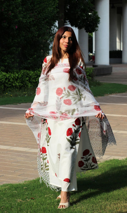 Cotton Handblock White with Red Flowers Suit Set and Kota Doria Dupatta - Baareeki