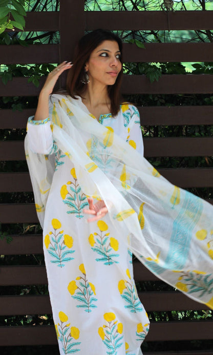 Cotton Handblock White & Yellow Mughal Print Suit Set with Kota Doria Dupatta - Baareeki