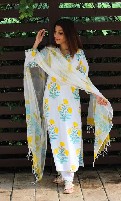 Cotton Handblock White & Yellow Mughal Print Suit Set with Kota Doria Dupatta - Baareeki