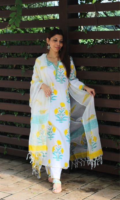 Cotton Handblock White & Yellow Mughal Print Suit Set with Kota Doria Dupatta - Baareeki