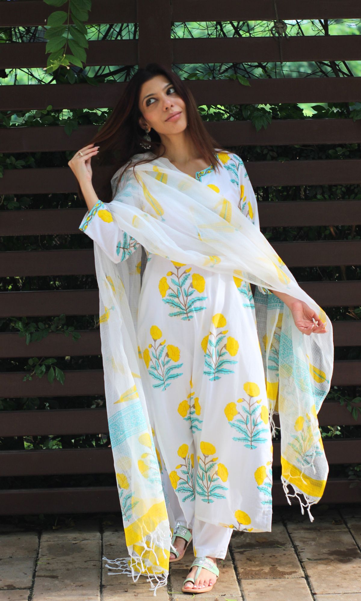 Cotton Handblock White & Yellow Mughal Print Suit Set with Kota Doria Dupatta - Baareeki