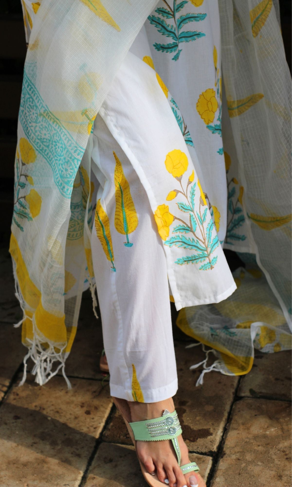 Cotton Handblock White & Yellow Mughal Print Suit Set with Kota Doria Dupatta - Baareeki