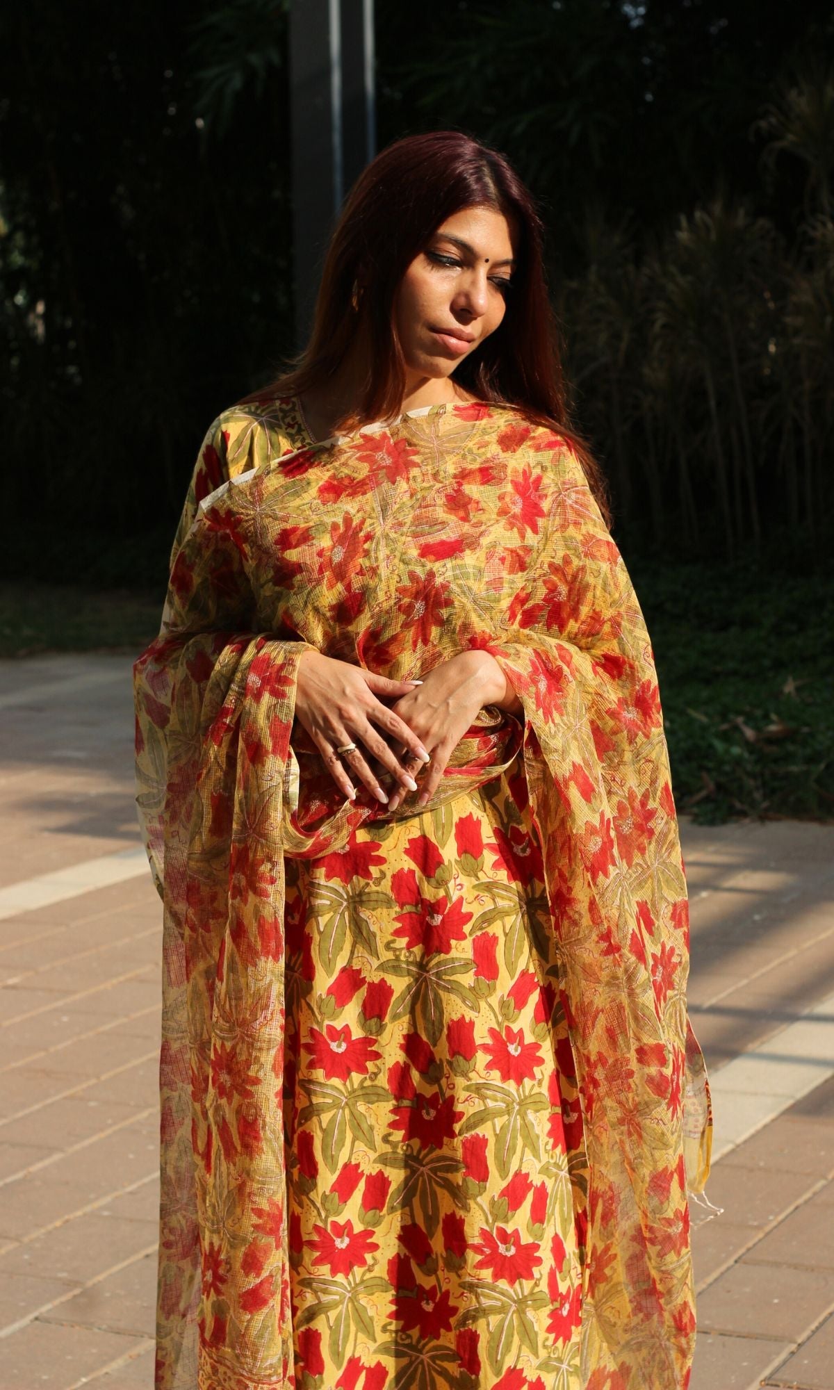 Cotton Handblock Yellow and Red flowers Suit Set with Kota Doria Dupatta - Baareeki