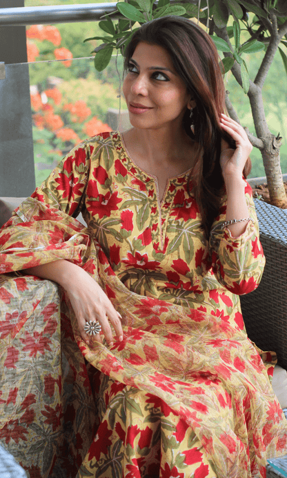 Cotton Handblock Yellow and Red flowers Suit Set with Kota Doria Dupatta - Baareeki