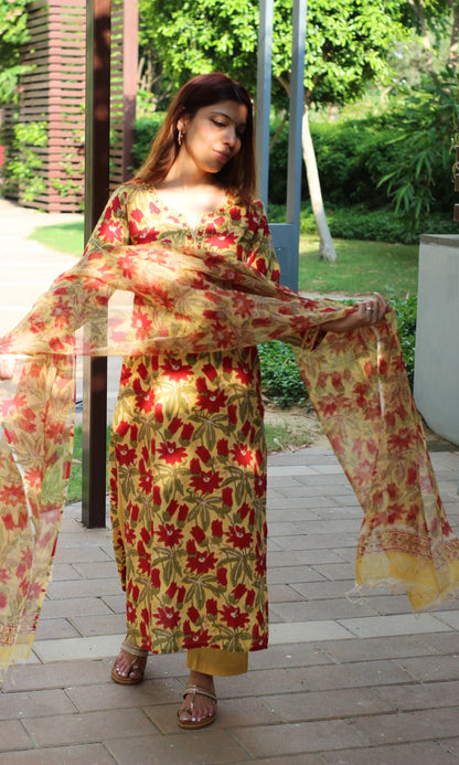 Cotton Handblock Yellow and Red flowers Suit Set with Kota Doria Dupatta - Baareeki