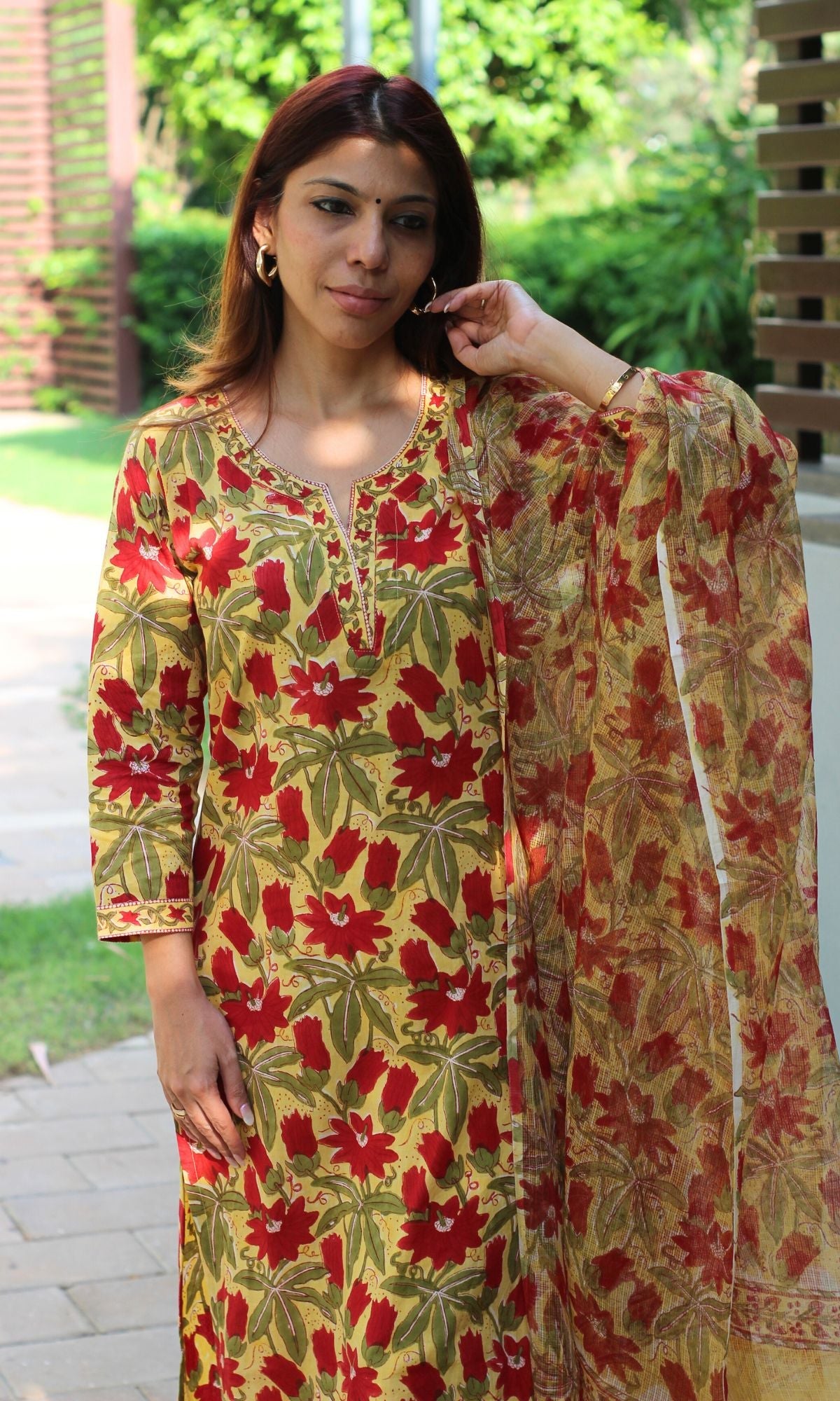 Cotton Handblock Yellow and Red flowers Suit Set with Kota Doria Dupatta - Baareeki