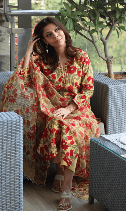 Cotton Handblock Yellow and Red flowers Suit Set with Kota Doria Dupatta - Baareeki
