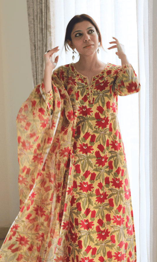 Cotton Handblock Yellow and Red flowers Suit Set with Kota Doria Dupatta - Baareeki