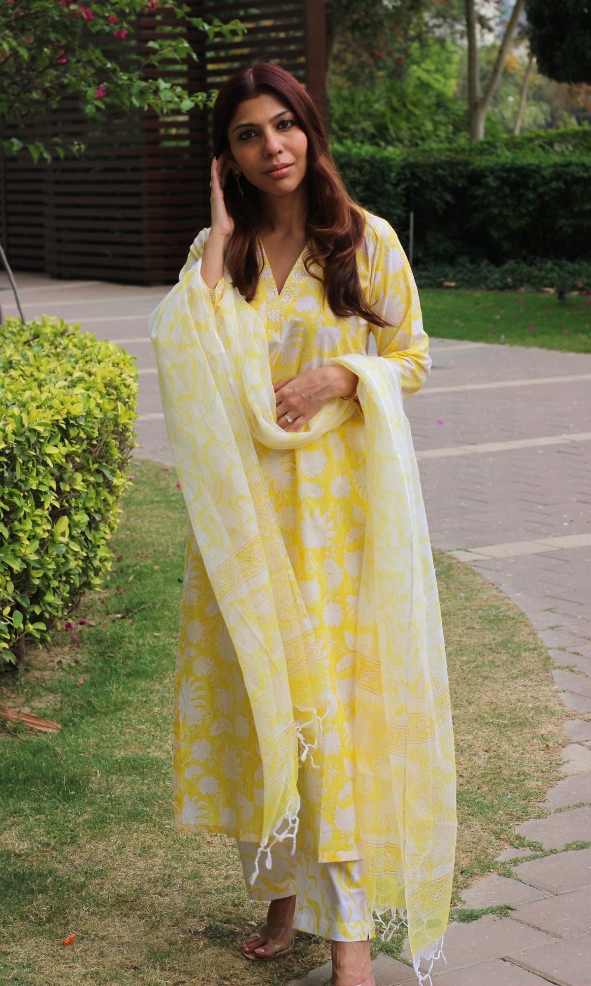 Cotton Handblock Yellow Suit Set with Kota Doria Printed Dupatta - Baareeki