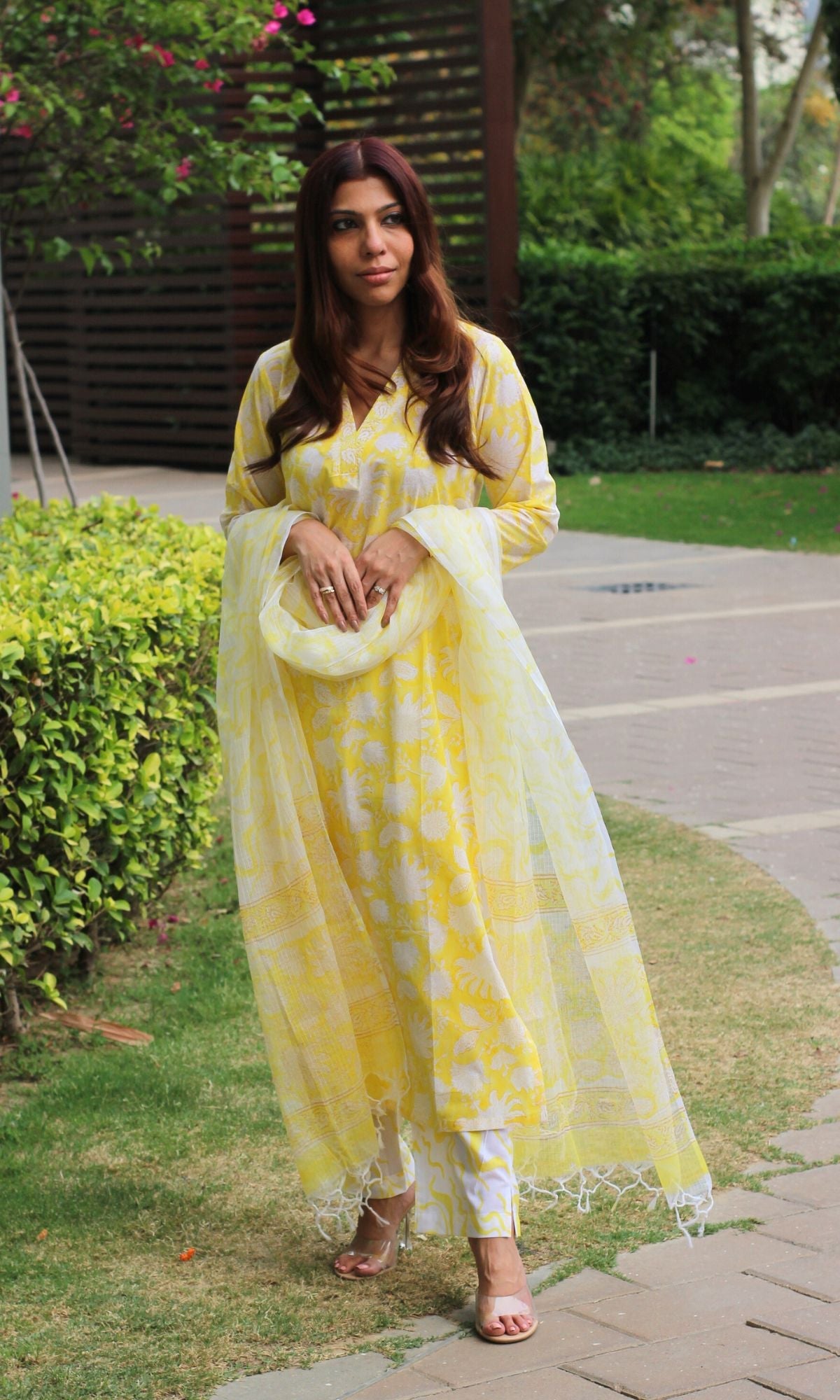 Cotton Handblock Yellow Suit Set with Kota Doria Printed Dupatta - Baareeki