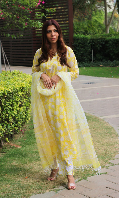 Cotton Handblock Yellow Suit Set with Kota Doria Printed Dupatta - Baareeki