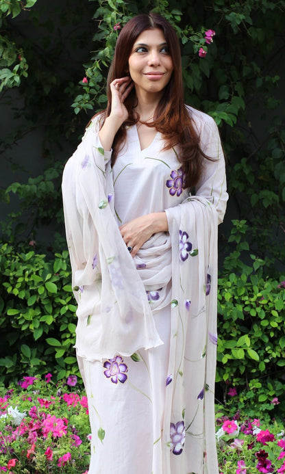 Cotton Handbrush Pale Lilac Suit Set with Handbrush Chiffon Dupatta - Baareeki