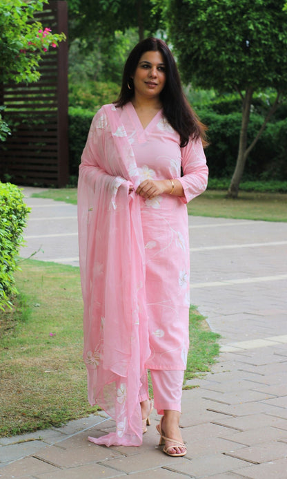 Cotton Handbrush Pink Suit Set with Chiffon Handbrush Dupatta - Baareeki