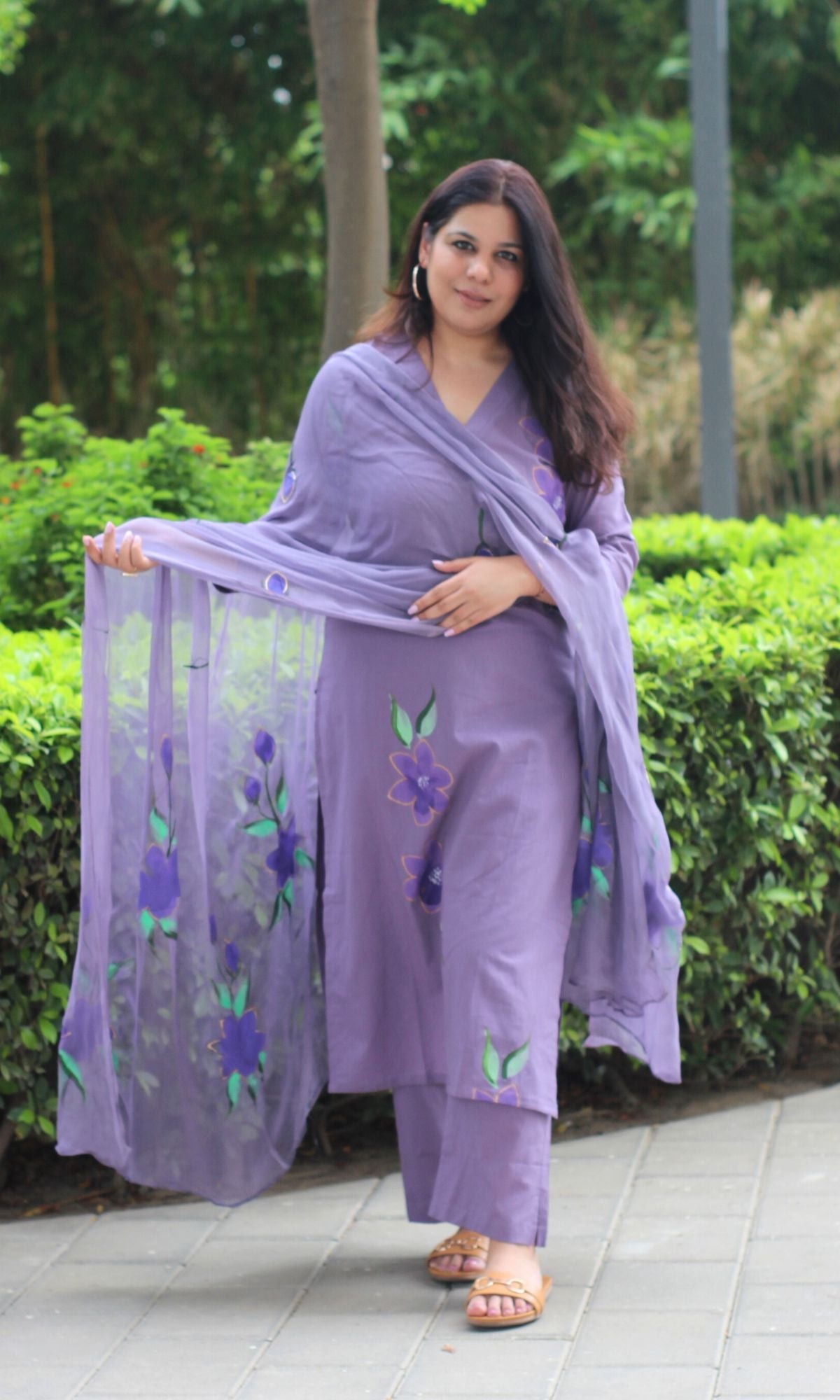 Cotton Handbrush Purple Suit Set with Chiffon Handbrush Dupatta - Baareeki