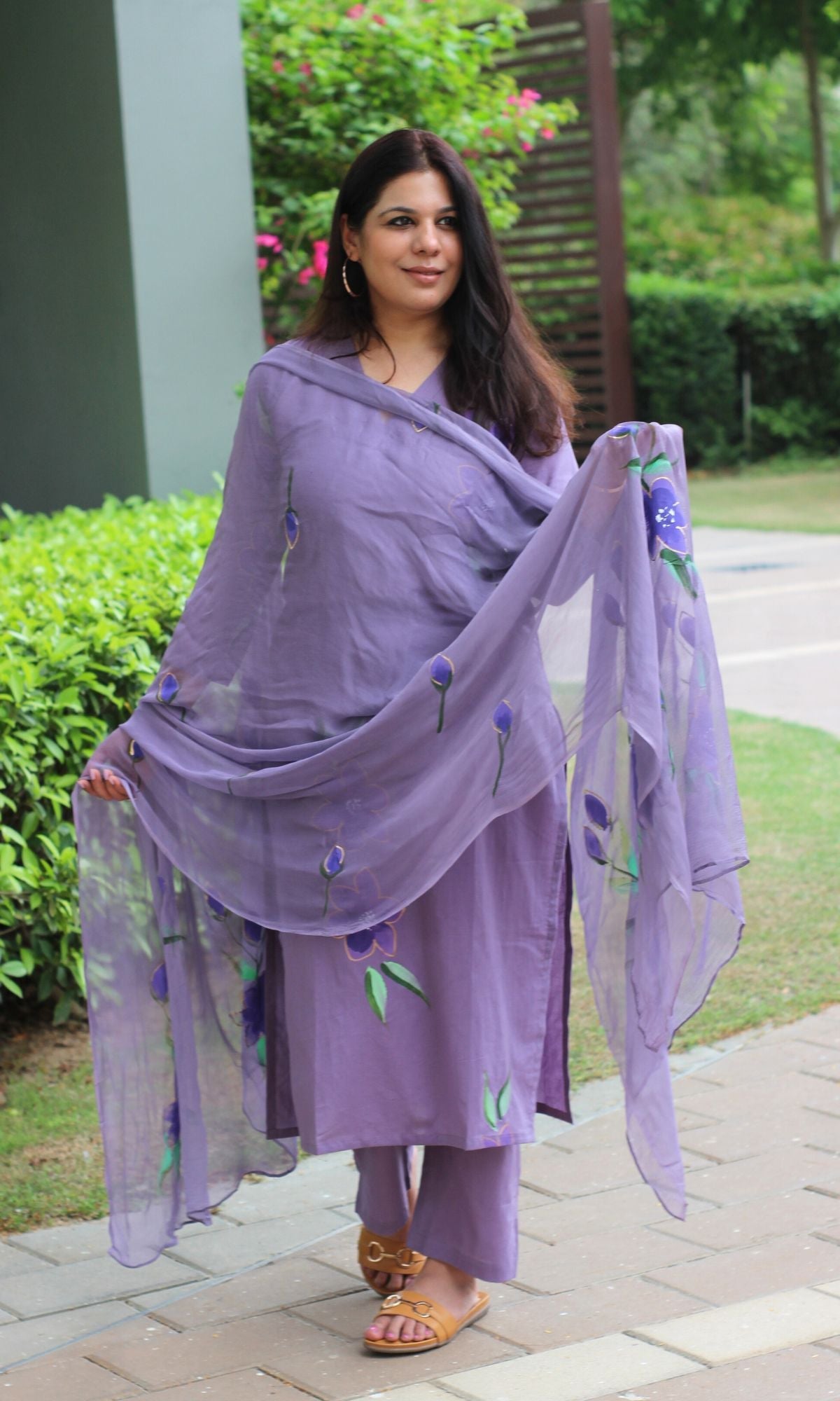 Cotton Handbrush Purple Suit Set with Chiffon Handbrush Dupatta - Baareeki