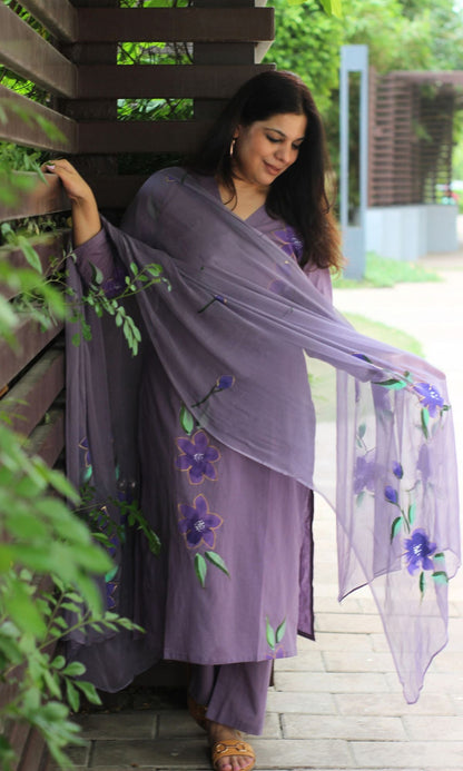 Cotton Handbrush Purple Suit Set with Chiffon Handbrush Dupatta - Baareeki