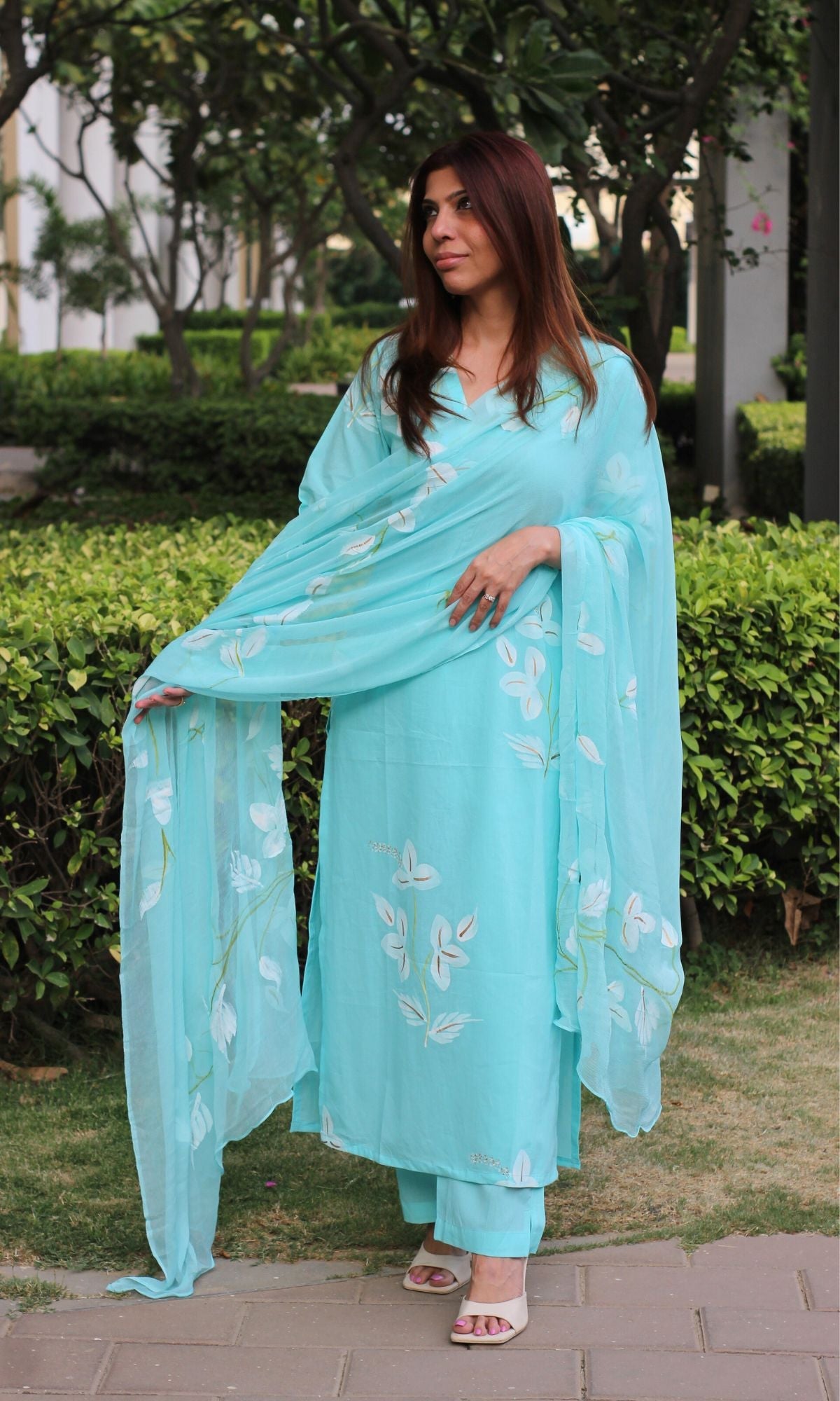 Cotton Handbrush Sky Blue Suit Set with Handbrush Chiffon Dupatta - Baareeki