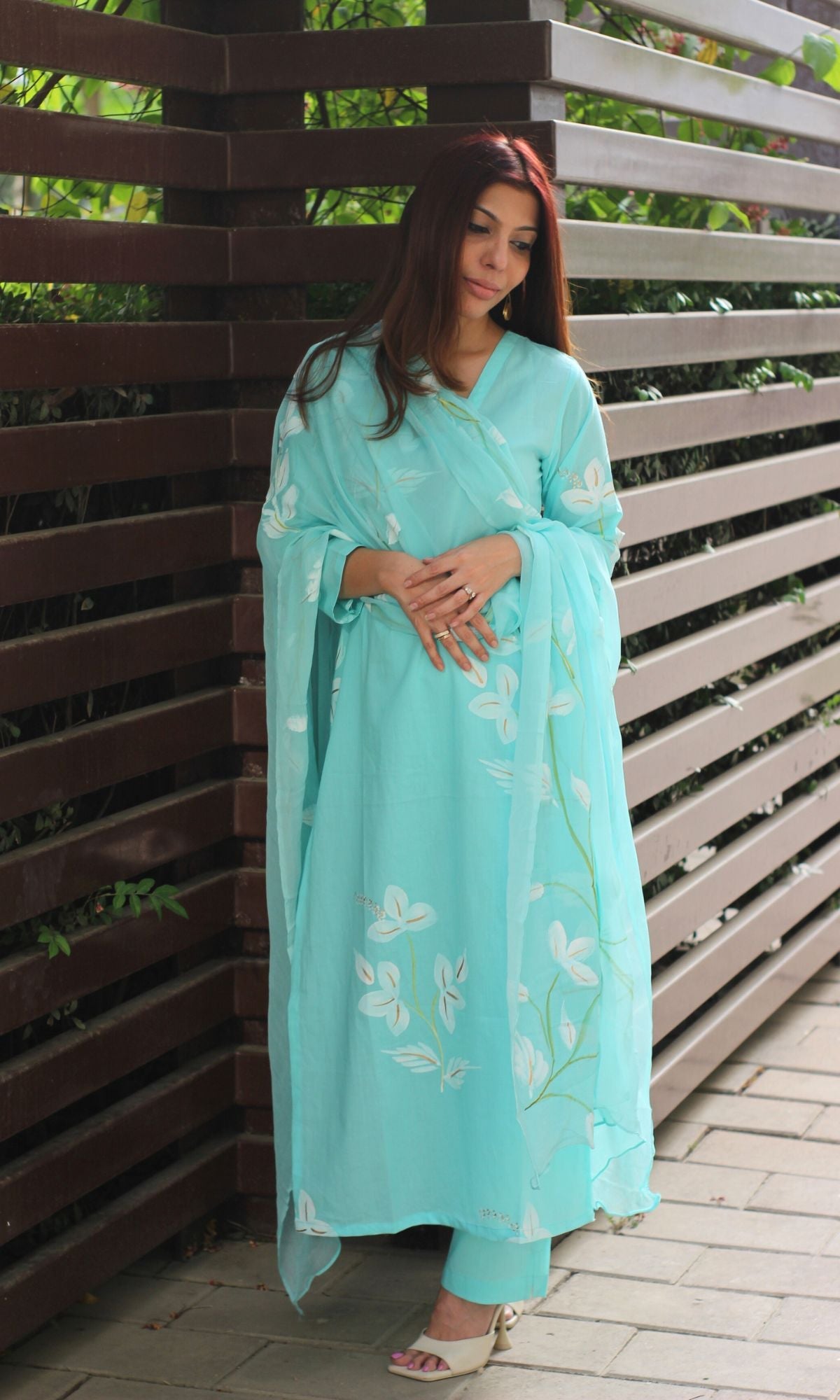 Cotton Handbrush Sky Blue Suit Set with Handbrush Chiffon Dupatta - Baareeki