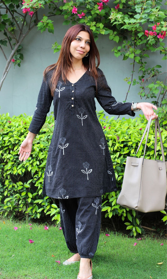 Cotton Handlock Black Kantha A - line Kurta with Pathani Pants - Baareeki