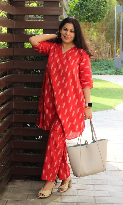 Cotton Handloom Ikat Pretty Red Coord Set - Baareeki