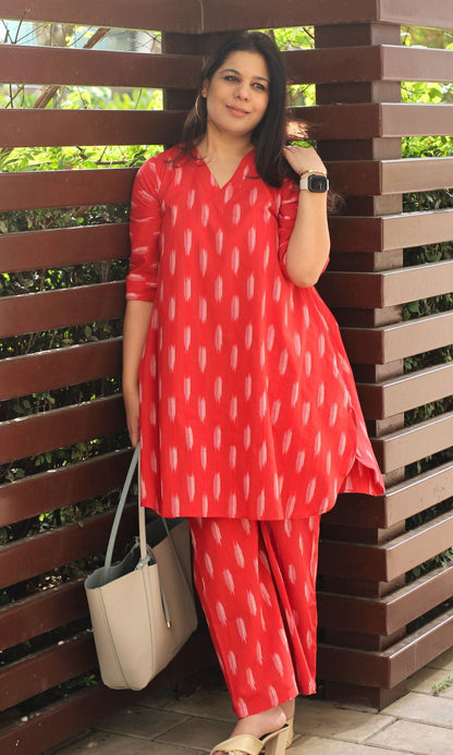 Cotton Handloom Ikat Pretty Red Coord Set - Baareeki