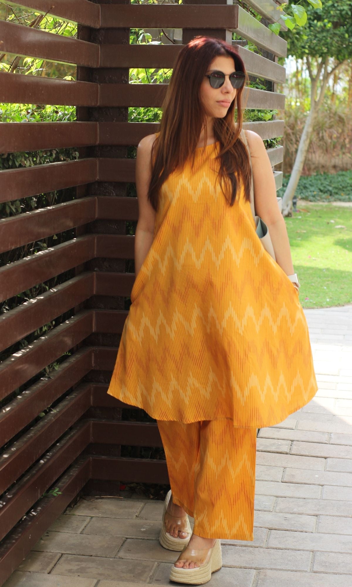 Cotton Handloom Ikat Sunny Yellow Sleeveless Coord Set - Baareeki