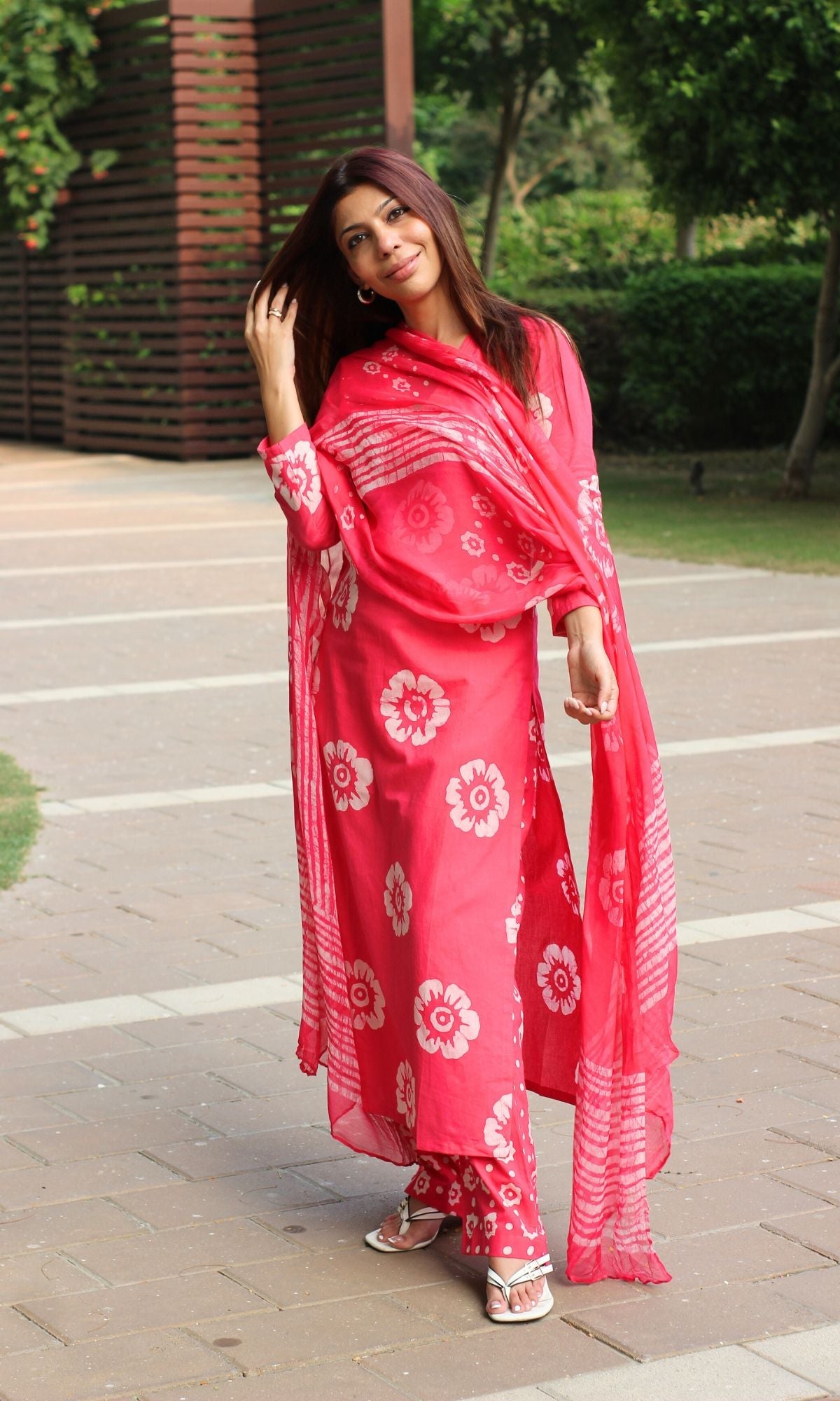 Cotton Hot Pink Batik Print Suit Set with Chiffon Printed Dupatta - Baareeki